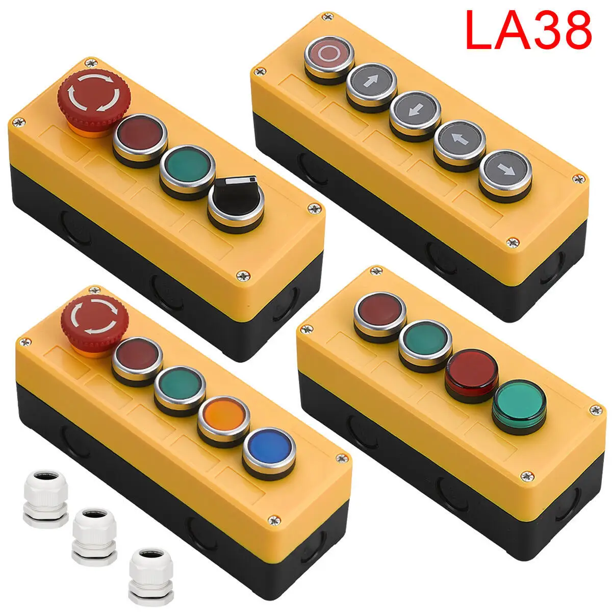 Button Switch Control Box Plastic Start Stop Button Waterproof Box Electrical Industrial Emergency LA38 Yellow Case 22mm