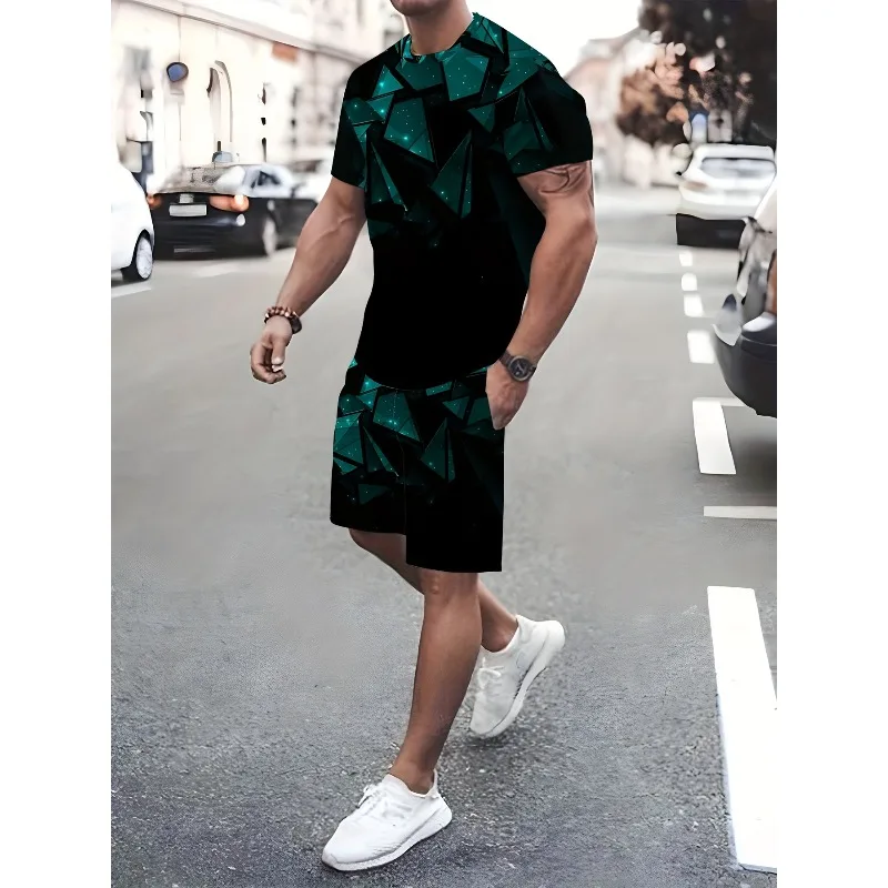 2025 Fashion Men's Round Neck Short Sleeved T-shirt Shorts 2-piece Set Summer Casual 3D Printed Sports Polyester Fiber Set
