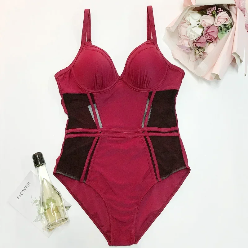 Sexy Swimsuits Patchwork Swimwear Mesh One Piece Suit String Beachwear Red Color Bodysuit