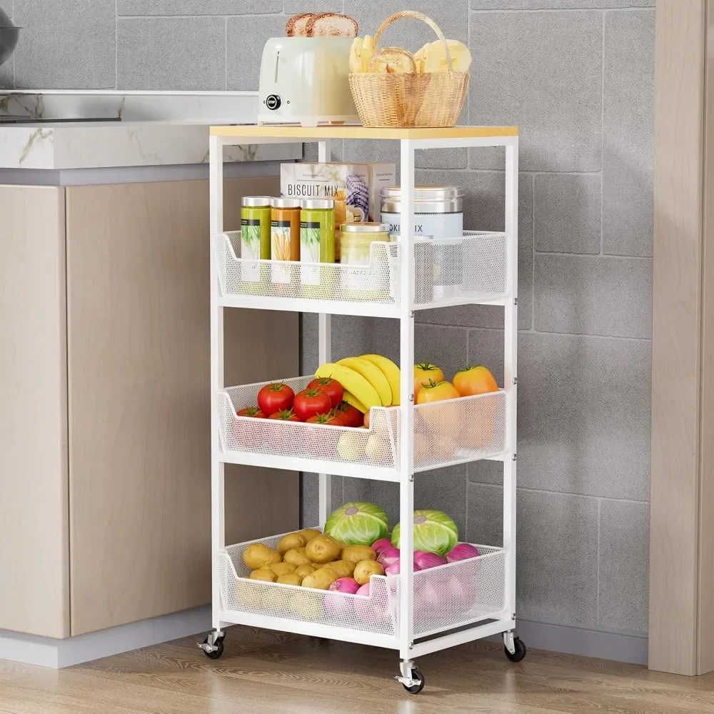 

Fruit Basket Kitchen Cart - 4-Tier Rolling Storage Carts with Wheels, Wood Top Utility Pantry Cart, Racks & Holders