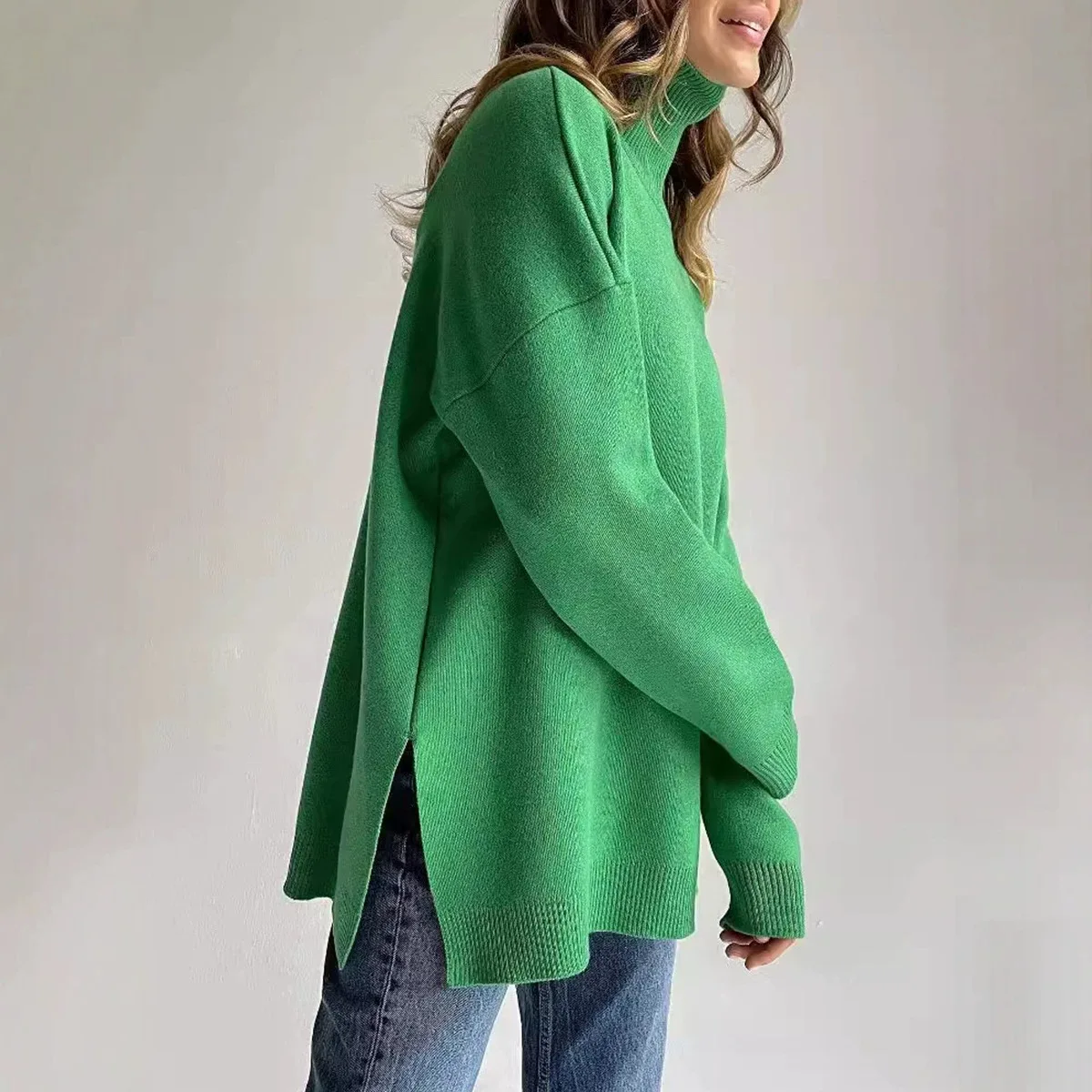 Women Turtleneck Slit Hem Knitted Sweater Fall Winter Fashion Loose Fit Pullover