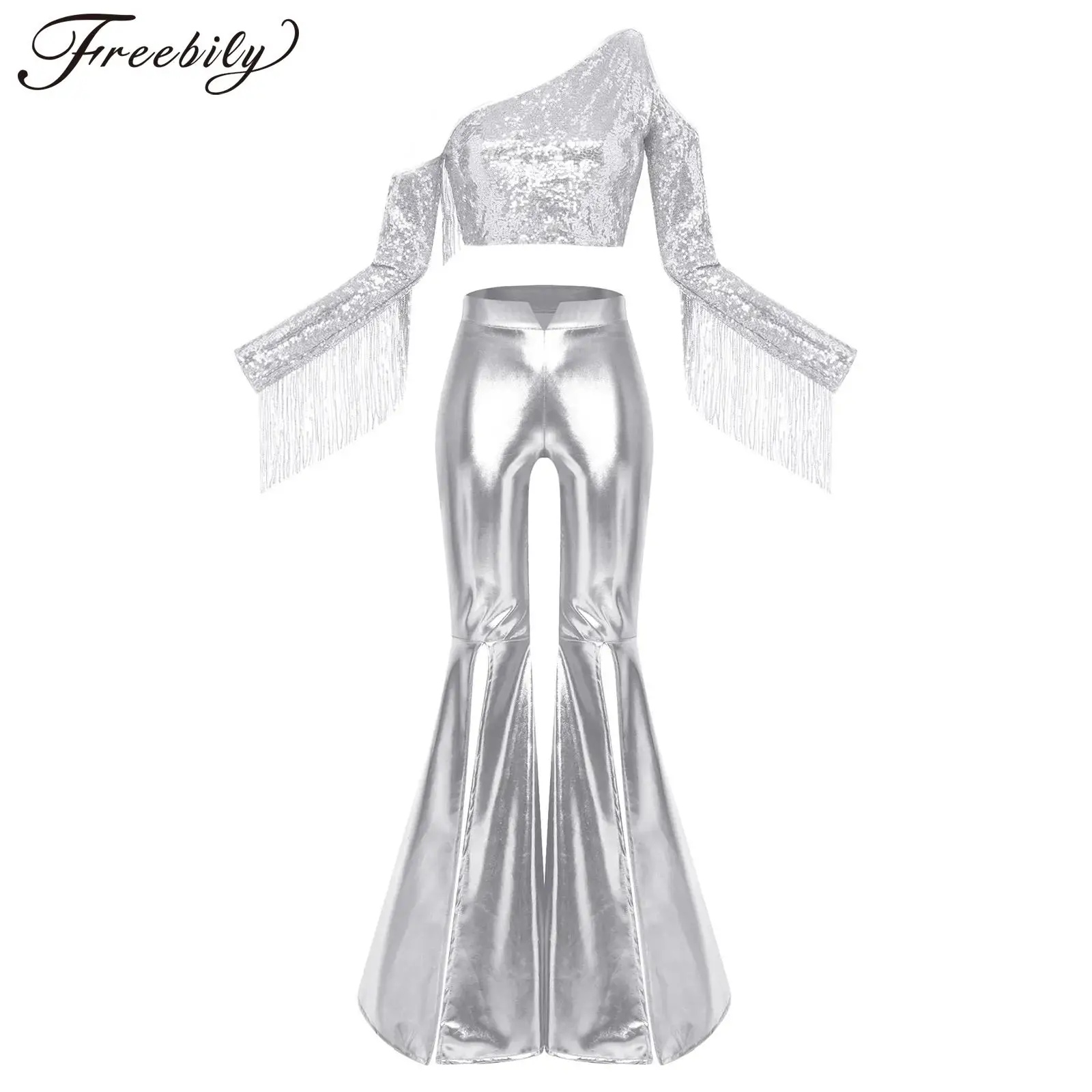

Women Sparkly Disco Dancewear Long Sleeve Cold Shoulder Tassel Sequined Crop Top And Metallic Flared Pants Set