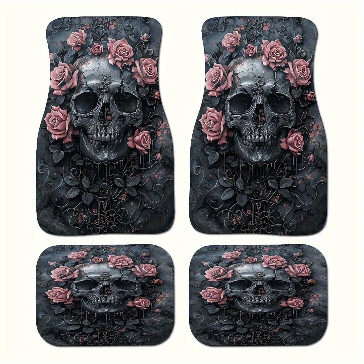 4pcs Gothic Skull & Rose Car Floor Mats Set - Full Coverage Front & Rear Auto Interior Mat With Crystal Velvet Texture, Non-Slip