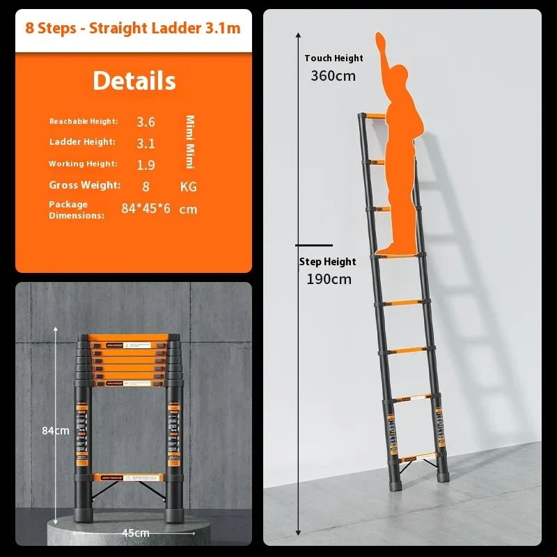 Thick carbon steel telescopic straight ladder, household maintenance climbing ladder, height adjustable straight ladder view 6