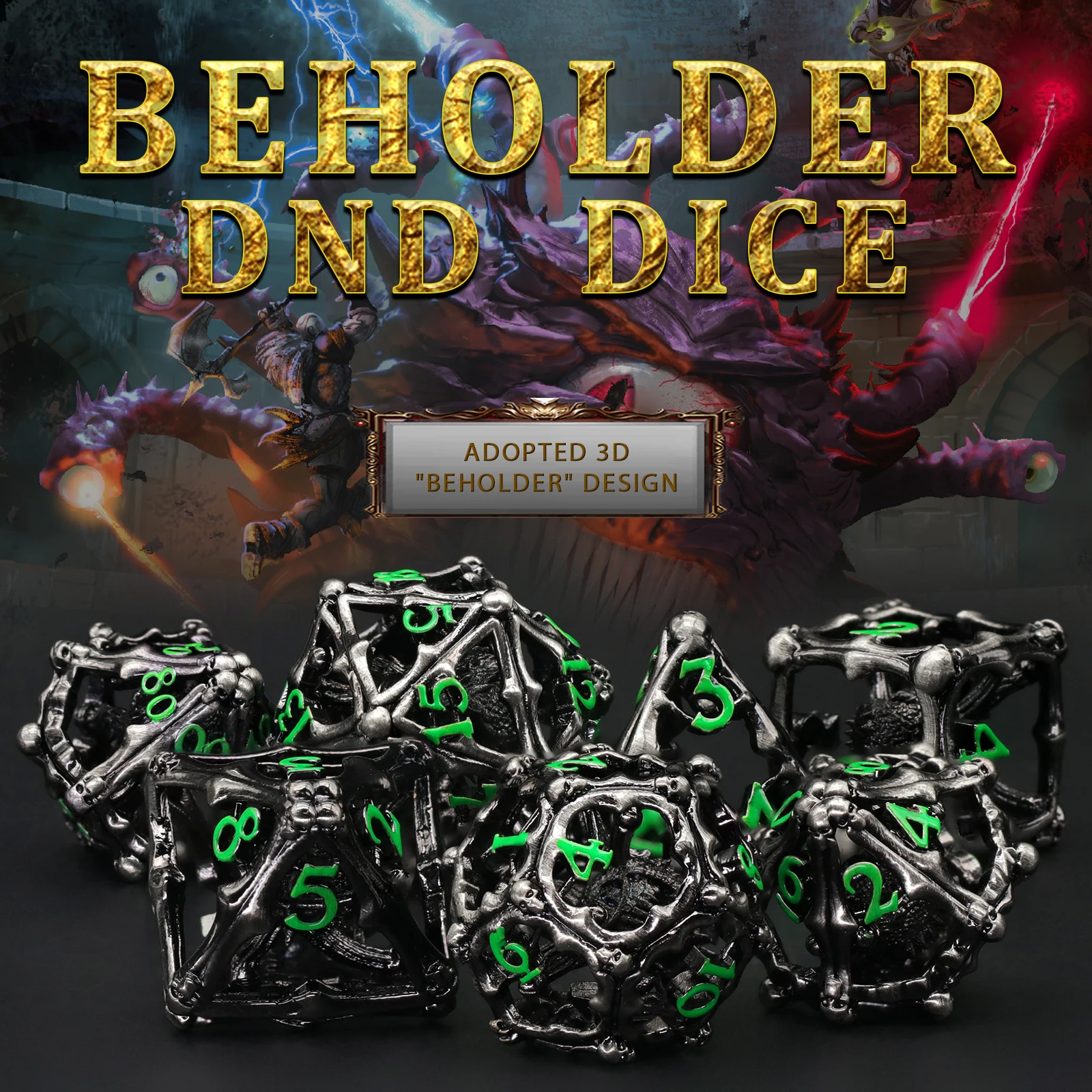 Beholder DND Dice Set, Metal Dice, ZHOORQI 7PC/Set Polyhedral Dice for Dungeons and Dragons Dices, D&D Dice Gift (Green Number)