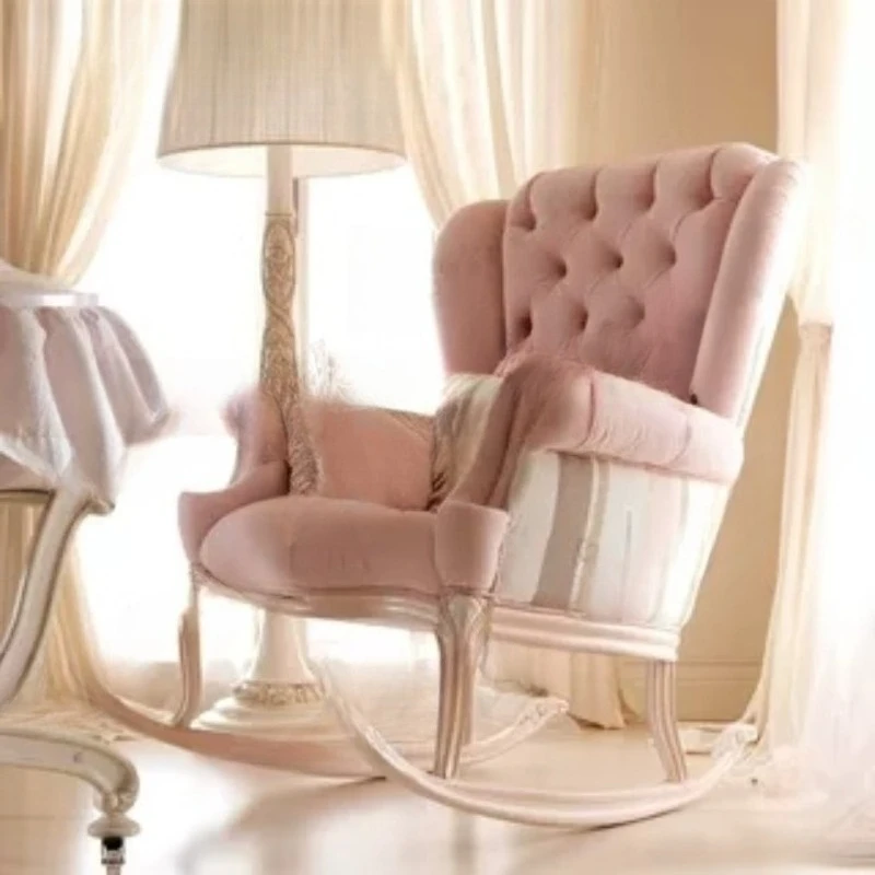 

European pink rocking chair/solid wood fabric sofa/personalized single lounge chair
