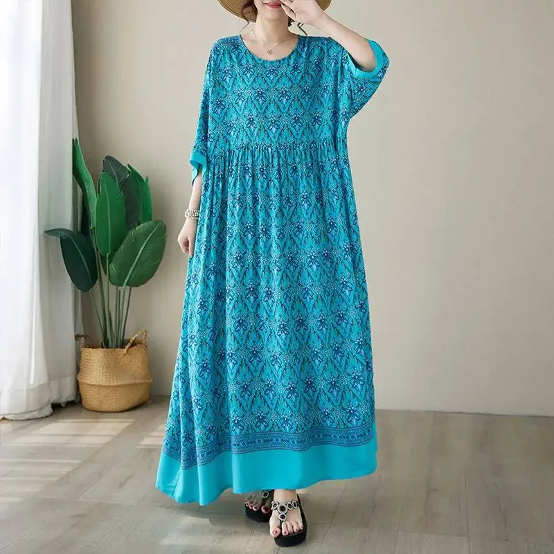 

Minimalist Bohemian long skirt summer round neck cotton flower loose short sleeved dress