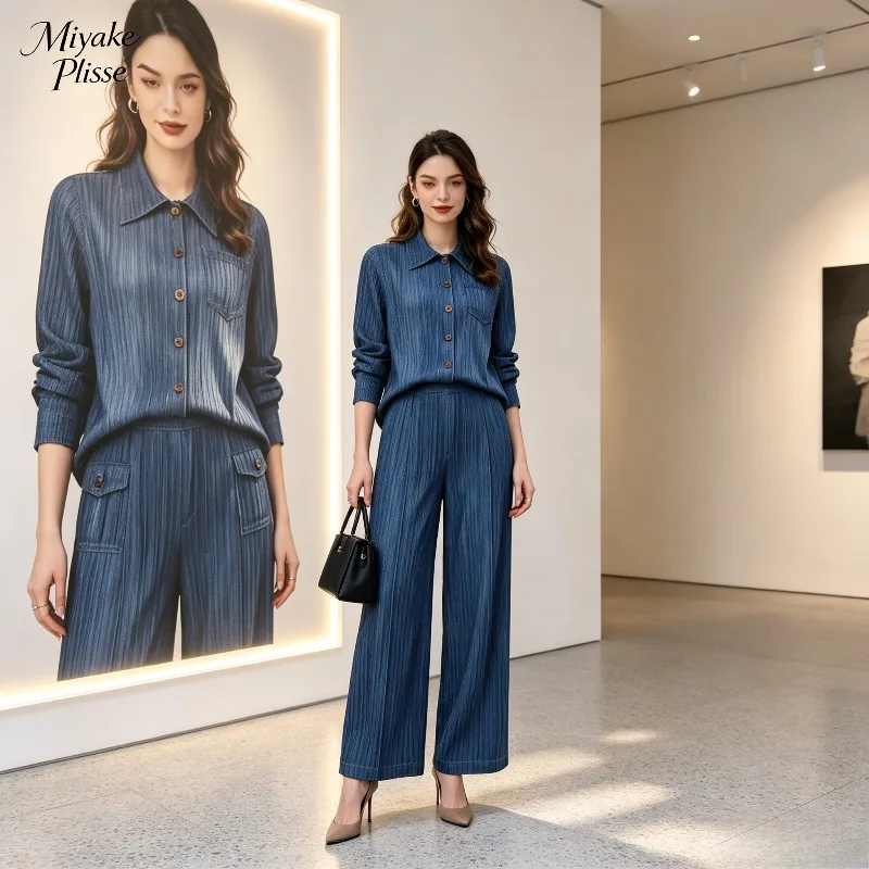 Miyake Pleated 2026 New Denim Set for Women Lapel Pocket Long Sleeve Shirt Workwear Patch Pocket Wide Leg Pants Two-Piece Set