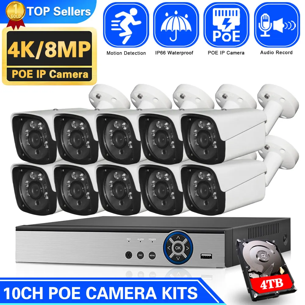 

8CH 8MP POE Security Camera System XMEYE 10CH 4K POE NVR Kit P2P Outdoor CCTV IP Bullet Camera Video Surveillance System Kit 4CH