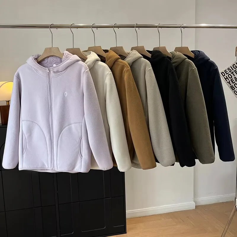 2026 Men women lovers clothes lamb cashmere short jacket autumn winter outdoor Fleece warm Hooded coats casual top zip outerwear