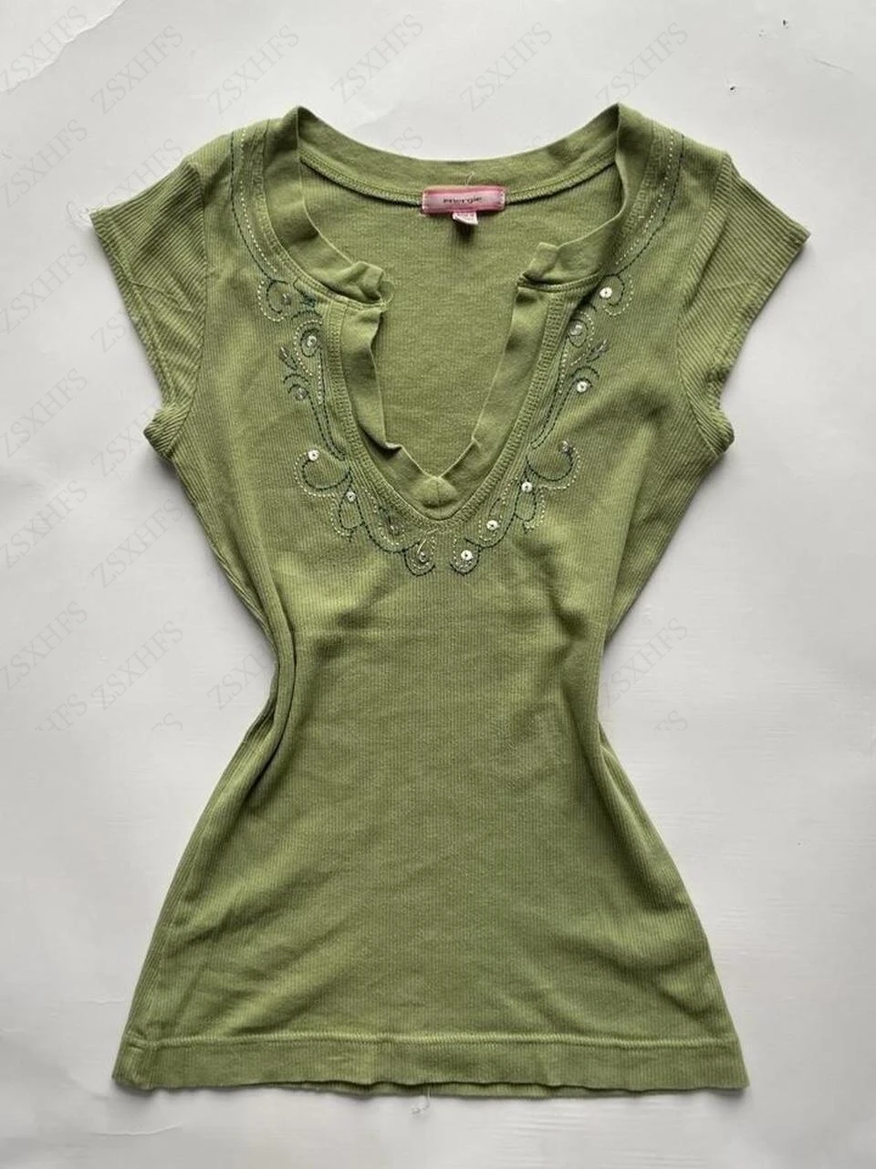 Sweet Gothic Green Lace T Shirts Bohemian V-neck Lace Short Sleeves Aesthetic Vintage Y2k Emo Punk Crop Top Femme Gentle T Shirt