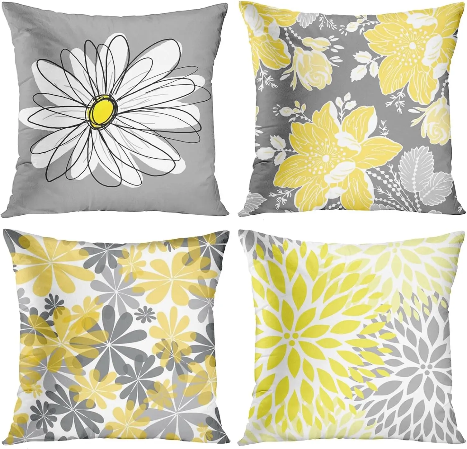 

Set of 4 Throw Gray and Yellow Daisy with Pretty White Floral Pillow Cases Cushion Home Decor Square 18x18 Inches Pillowcases