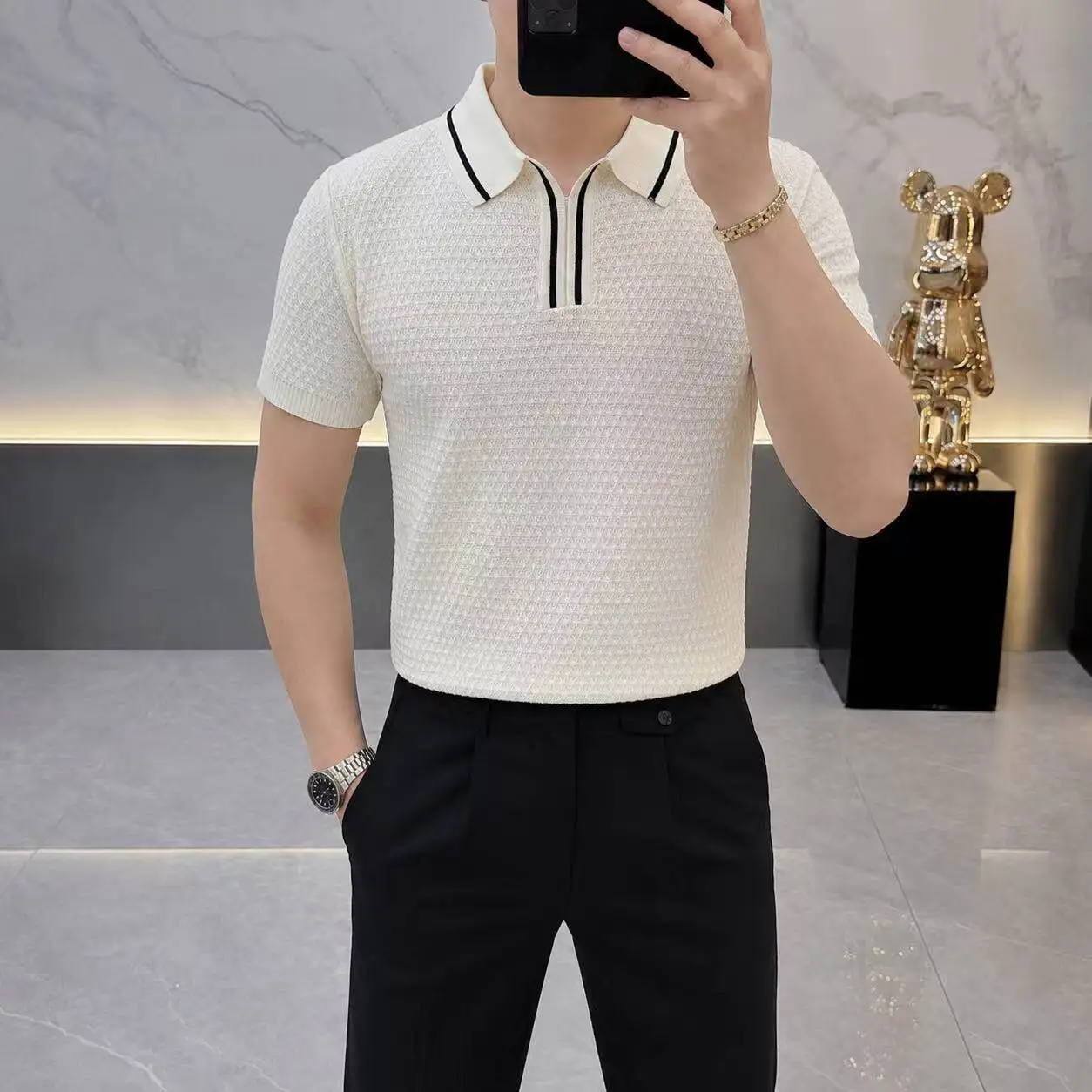 Summer Business Short Sleeved Knitted Polo Shirt Men Color Blocking Casual T-shirt Ice Silk Breathable Social Office Top M-4XL