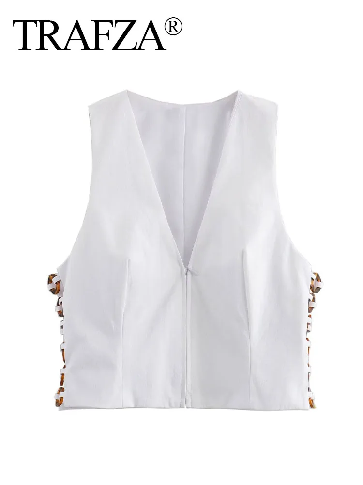 

TRAFZA 2024 Woman Beading Hollow Zipper Decorate Slim Top Elegant Women Solid Color V-Neck Sleeveless Casual Vest Top Mujer