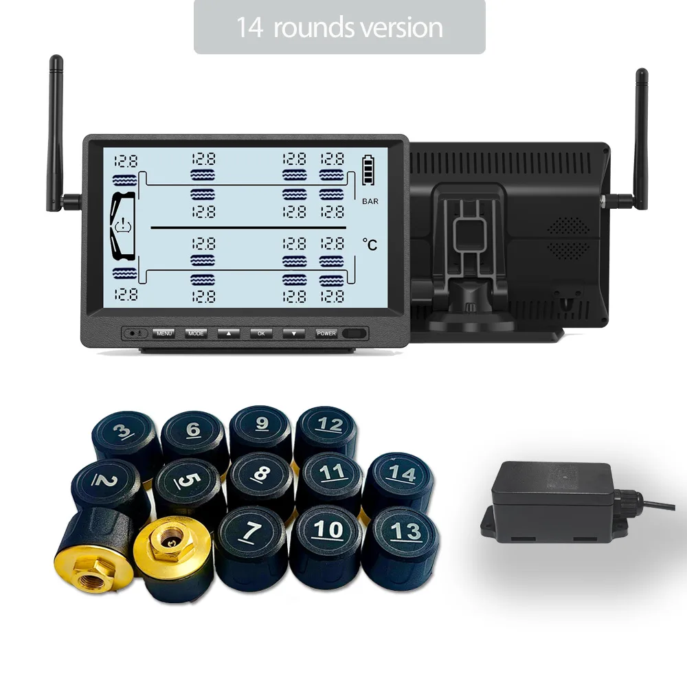 14 عجلة TPMS ضغط الإطارات العالمي للمركبات مع شحن الطاقة الشمسية مراقبة ضغط الإطارات الخارجية اللاسلكية