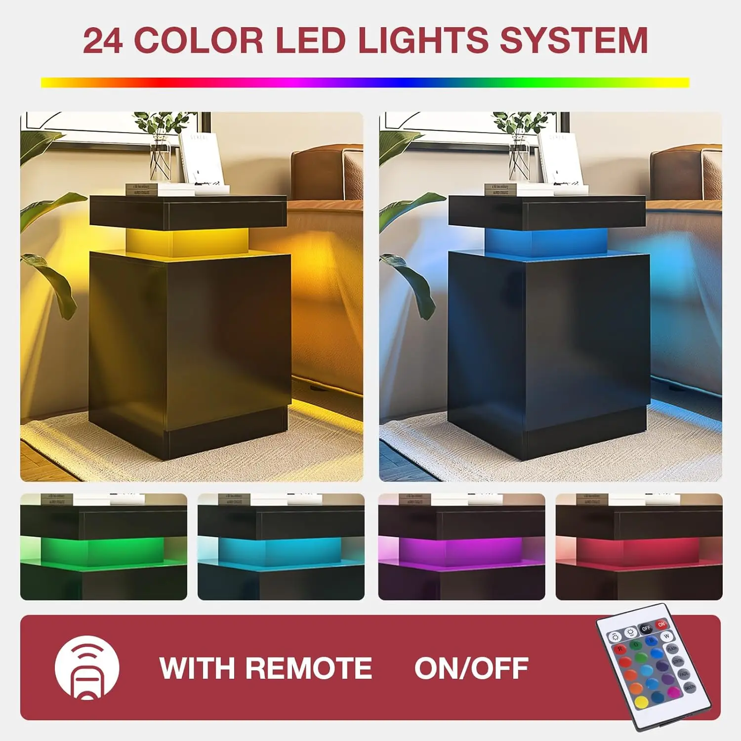 Nightstand Set of 2 with LED Lights,Night Stand with Storage Cabinet for Bedroom,Bedside Table with LED, Black, Customized - view 6