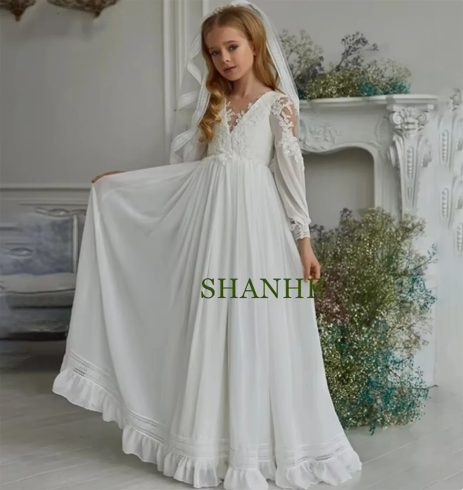 CustomizedWhite 꽃의 소녀 드레스 레이스 쉬폰 2024 신작 공주 긴 a 라인 첫 성찬식 드레스 신성한 이벤트