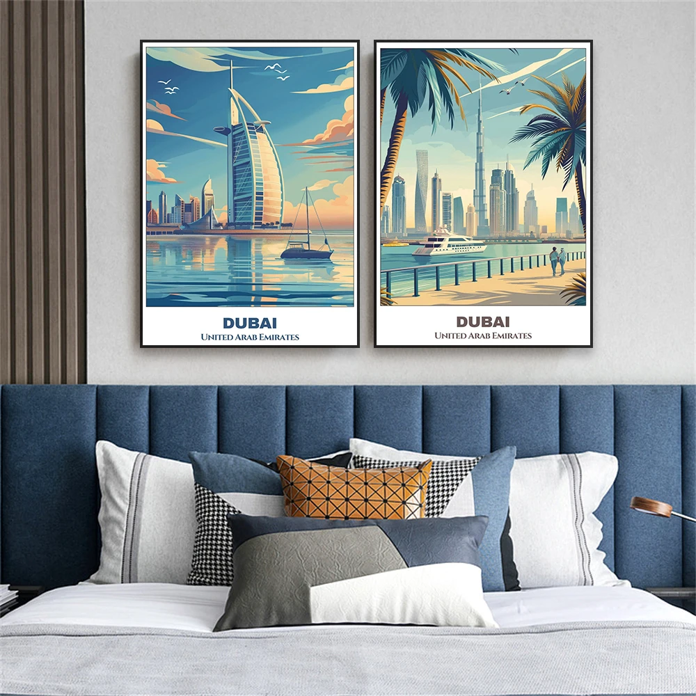 لوحة قماشية ملونة للمناظر الطبيعية ، الإمارات العربية المتحدة ، ملصق سفر دبي ، مطبوعات سيتي سكيب كلاسيكية ، ديكور غرفة القراءة المنزلية #3