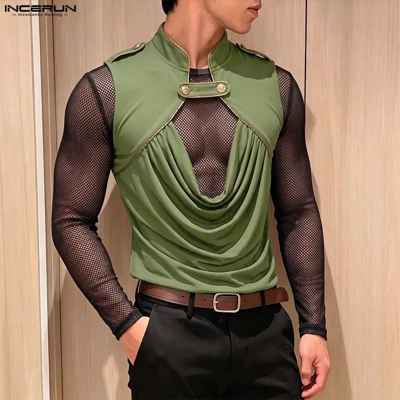 INCERUN Herren Tanktops Stehkragen Ärmellos Patchwork Plissiert Herrenwesten Sommer-Oberteile Streetwear Mode Lässige Herrenkleidung