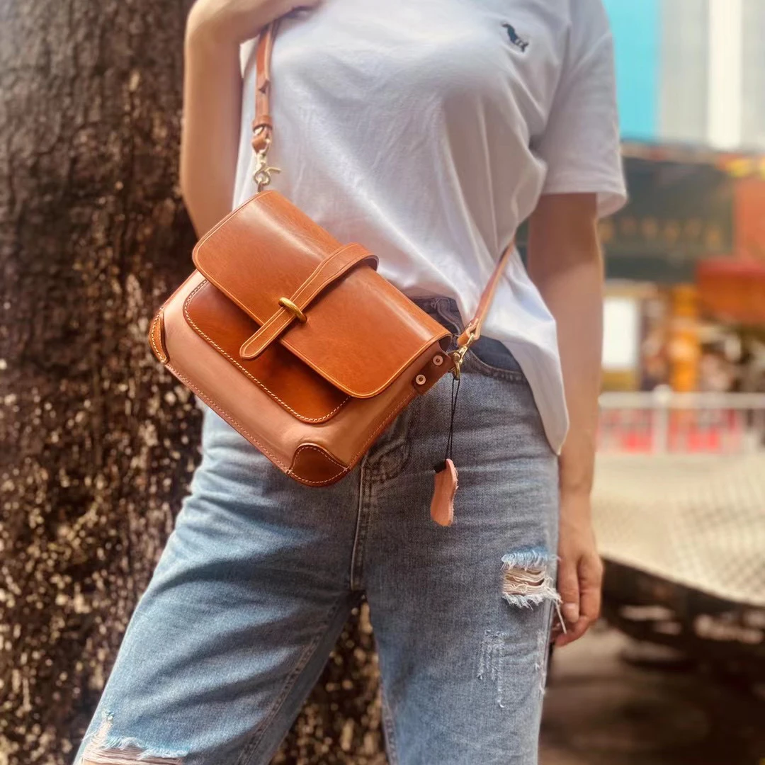 Genuine Leather Vintage Handmade Crossbody Bag Contrast Vegetable Tanning Top Layer Cowhide Shoulder Bag Women's Original Texted