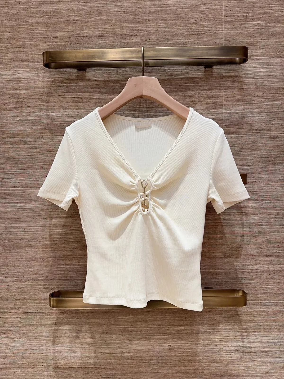 

Ele ort Knit Top Metal Bule V-Ne Slim Fit French Sle Women's Faion High-End Version Waist-Cinching Upper Body