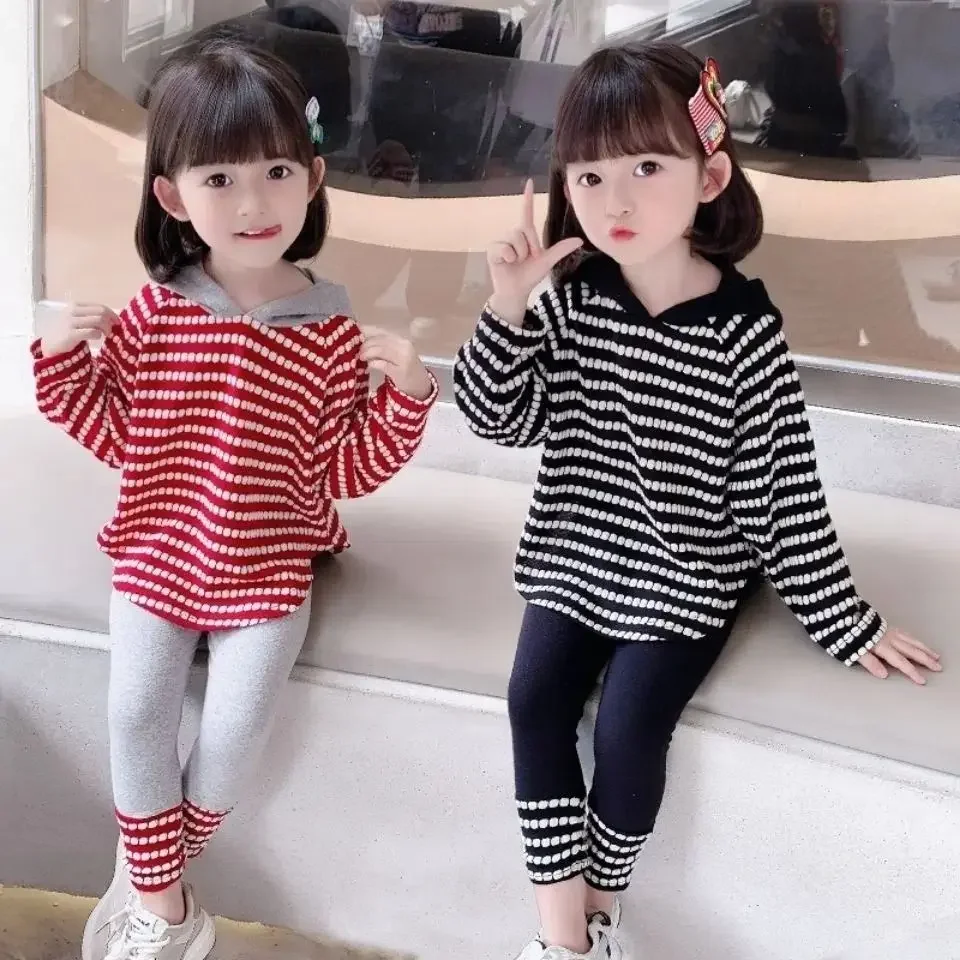 Kids Girls Striped Hooded Leggings Clothing Sets 2024 New Arrival Teenage Girls T-shirts Leggings 2Pcs Sets Red Cute Clothes