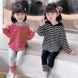 Kids Girls Striped Hooded Leggings Clothing Sets 2024 New Arrival Teenage Girls T-shirts Leggings 2Pcs Sets Red Cute Clothes