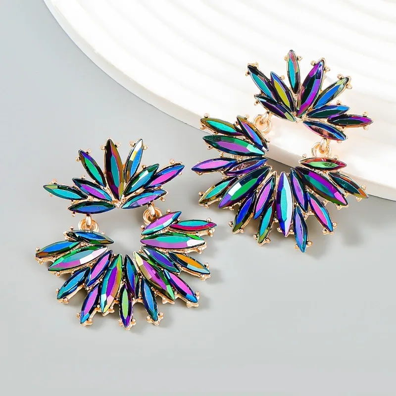 Ultra-Glossy Water Droplet Flowers Earrings Iridescent Crystal Sunburst Drop Earrings Statement Party Jewelry Gift For Women