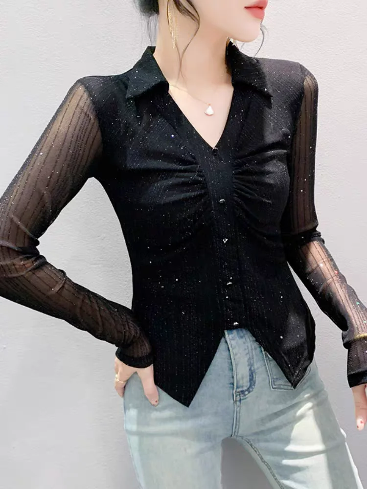 Camiseta Alta Elástica Feminina, Top de Malha Preta, Manga Longa, Gola Polo, Roupas Casuais, Tendência da Moda, Outono, Nova