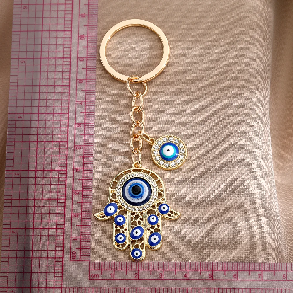 Fashion Lucky Blue Evil Eye Keychain Charm Crystal Fatima Hasma Hand Key Ring Holder Key Bag Charms For Women Men