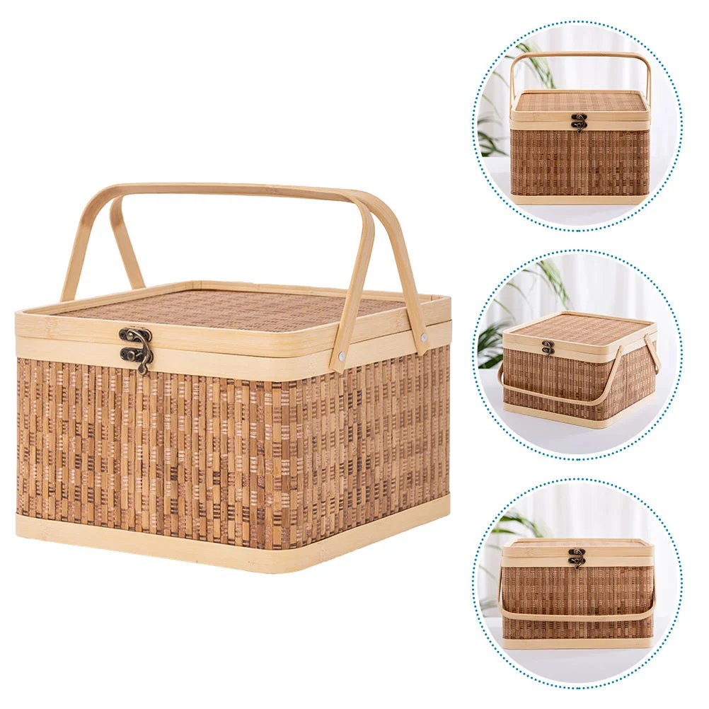 Bamboo Woven Basket Large Capacity Portable Picnic Lidded Storage Holder Decorative Vegetable Home ganization Wicker Storage