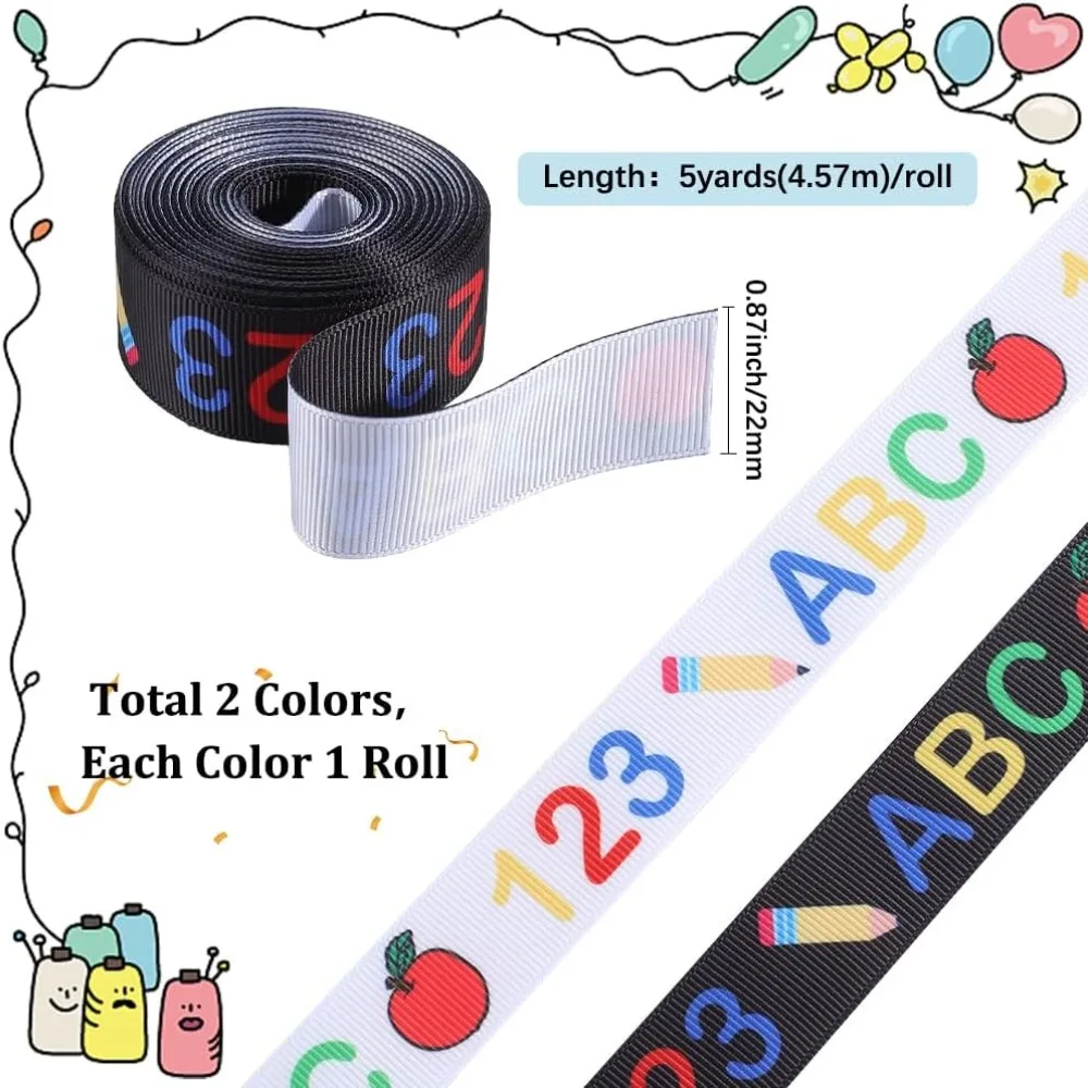2 Rolls 2 Styles School Season Theme Polyester Colorful Printed Grosgrain Ribbon for Gift Wrapping Mixed Color 7/8 inch(22mm)