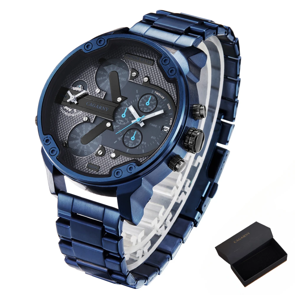 Cagarny 6820 Classic Design Quartz Watch Men Fashion Mens Wrist Watches Blue Stainless Steel Dual Times Relogio Masculino xfcs