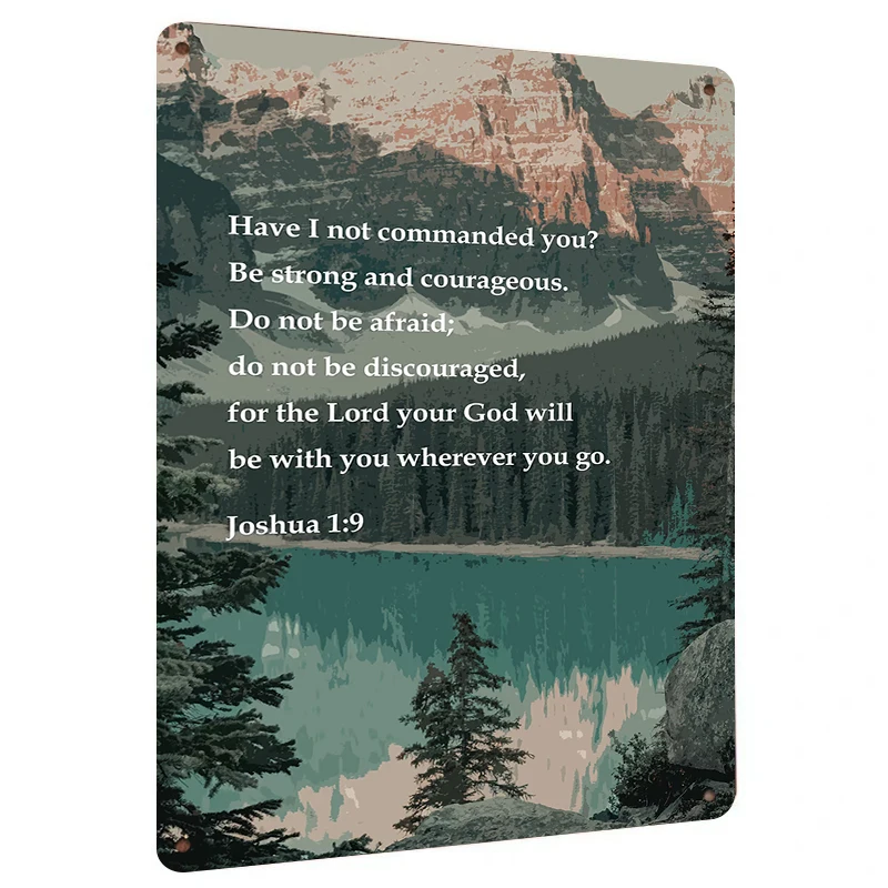Christian Bible Verse Wall Art Joshua 1:9 Inspirational Quote Metal Tin Sign Home Decor Hanging Ornament