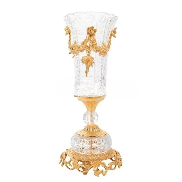 Handmade Solid Brass Crystal Decorative Set Double Vase with Classic Center Bowl