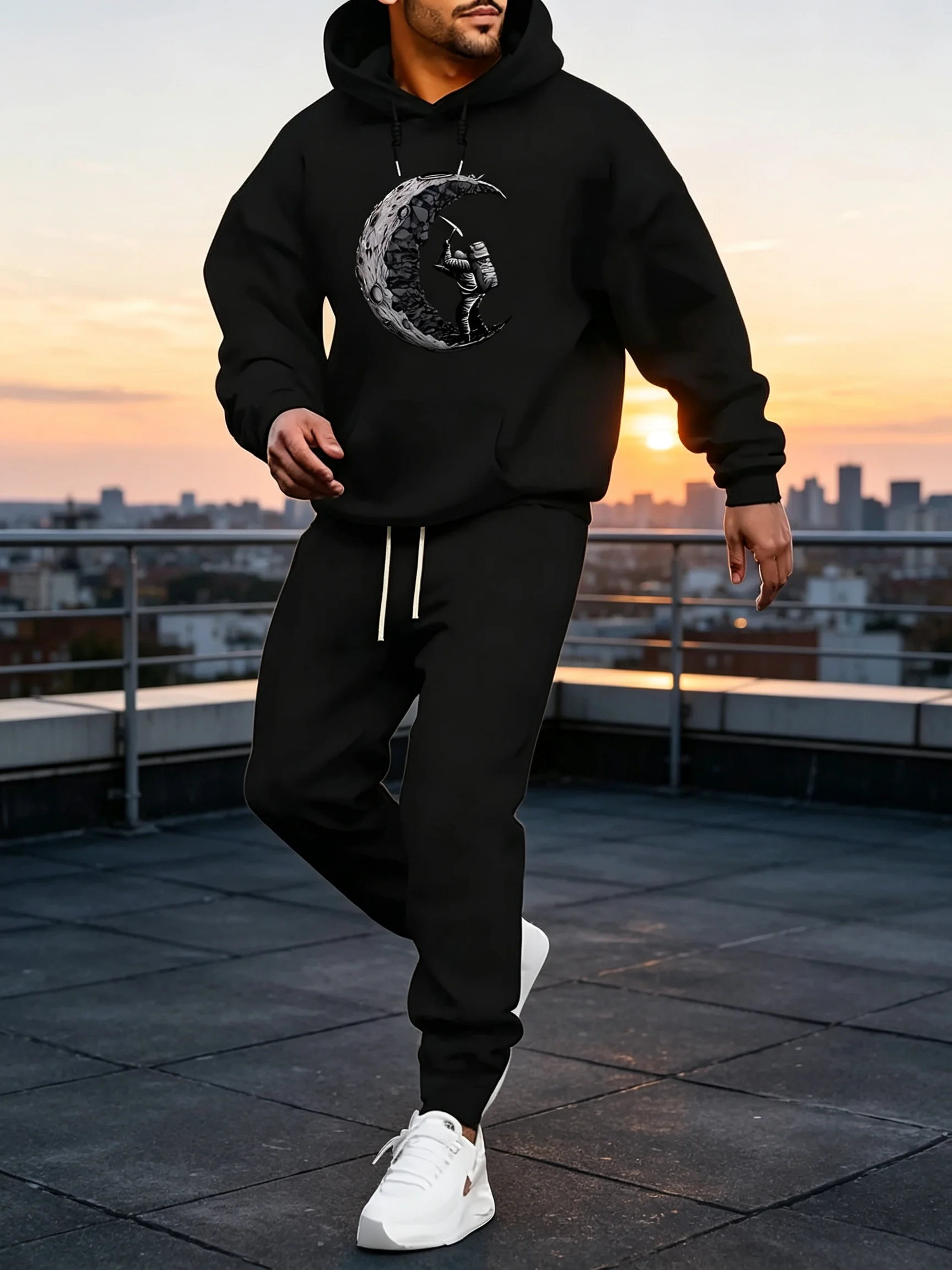 Men Christmas 2‑Piece Tracksuit, Versatile Long Sleeve Hoodie & Drawstring Pocket Jogger Pants for  Autumn Winter Outdoor Wear