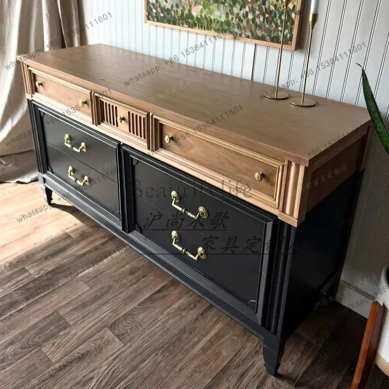 French retro solid wood seven-chest cabinet living room wall storage partition cabinet
