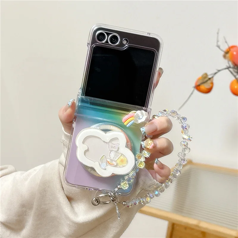 

Korean Rainbow Cloud Magnetic Phone Case For Samsung Galaxy Z Flip 7 6 5 Flip7 Flip5 Cover with Magsafe Stand Chain Cute Cases