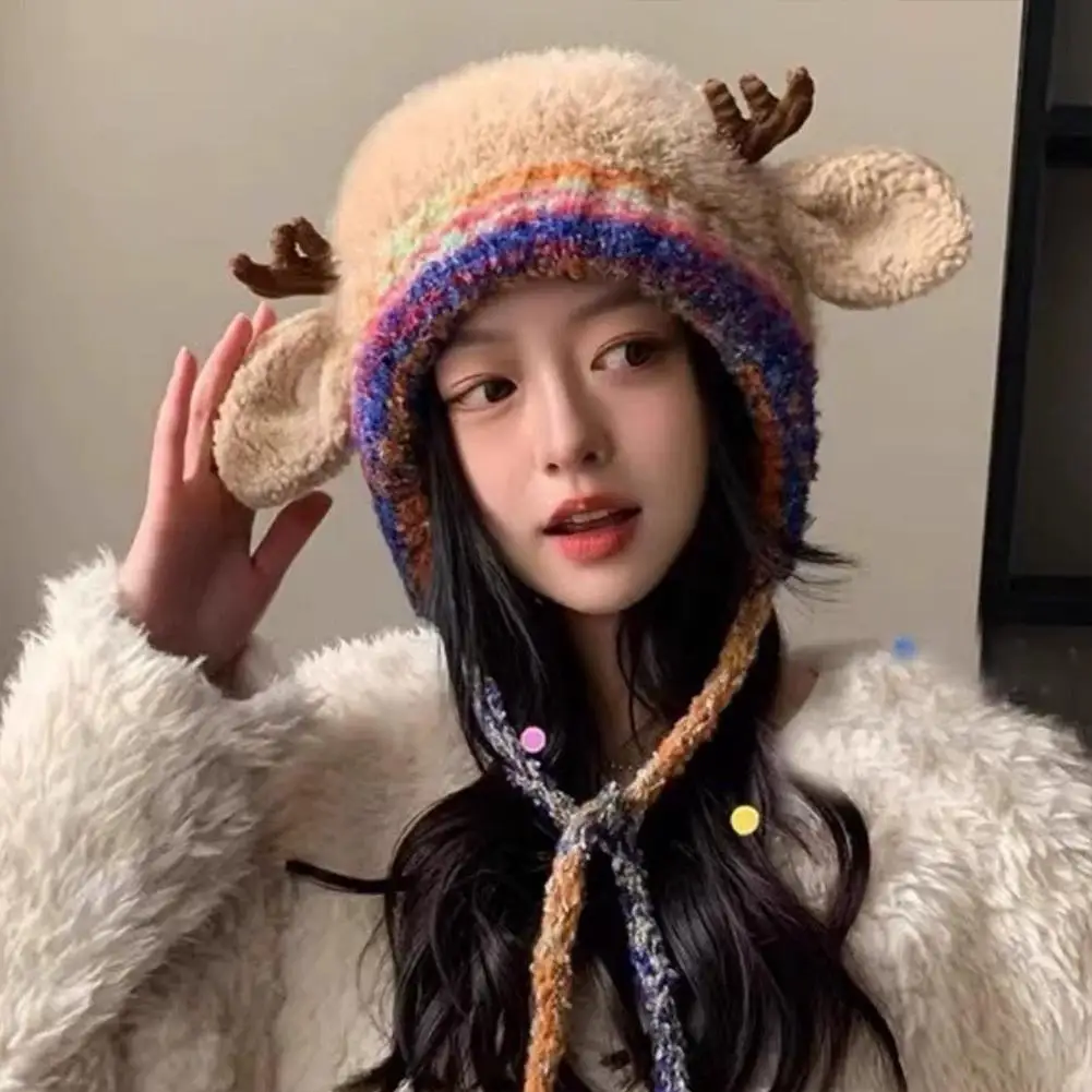 جديد الفراء الغزلان تخزين قبعة يندبروف مهرجان دافئ عيد الميلاد قرن الوعل قبعة قابل للتعديل 2 في 1 محبوك الغزلان قرن الوعل قبعة الشتاء #6