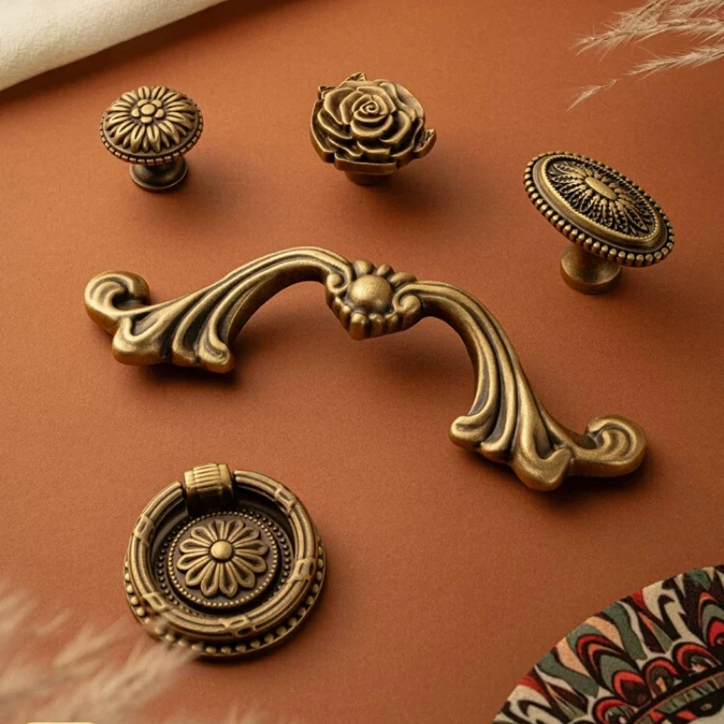 Brass Song's Aesthetics Antique Style Handles Retro Copper Rose Dressing Shoe Cabinet Drawers French Wardrobe Hardware Handles
