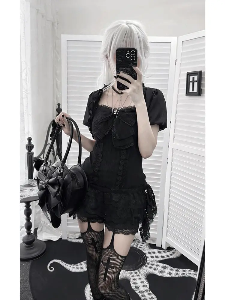Subculture Vintage Gothic Short Sleeve Cardigan Spicy Girl Three-piece Set Aesthetic Y2k Sexy Dark Skinny Bow Patchwork Outfits