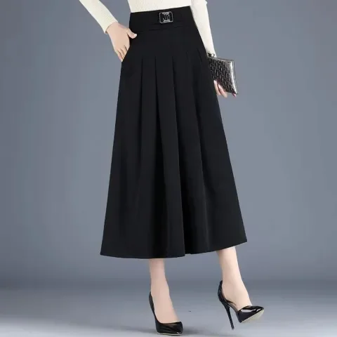 

Юбка миди с высокой талией женская, брендовая, плиссированная, приталенная, с широким подолом, для офиса, осенняя, из полиэстера