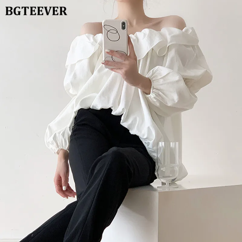 BGTEEVER Elegant Slash Neck Ruffles Blouses Women Long Sleeve Loose Pullovers Ladies White Shirts Autumn Blusas