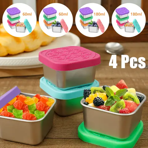 4Pcs Stainless Steel Snack Salad Box with Silicone Lid 2/6oz Leakproof Portable Stackable Sauce Container Dressing Food Storage