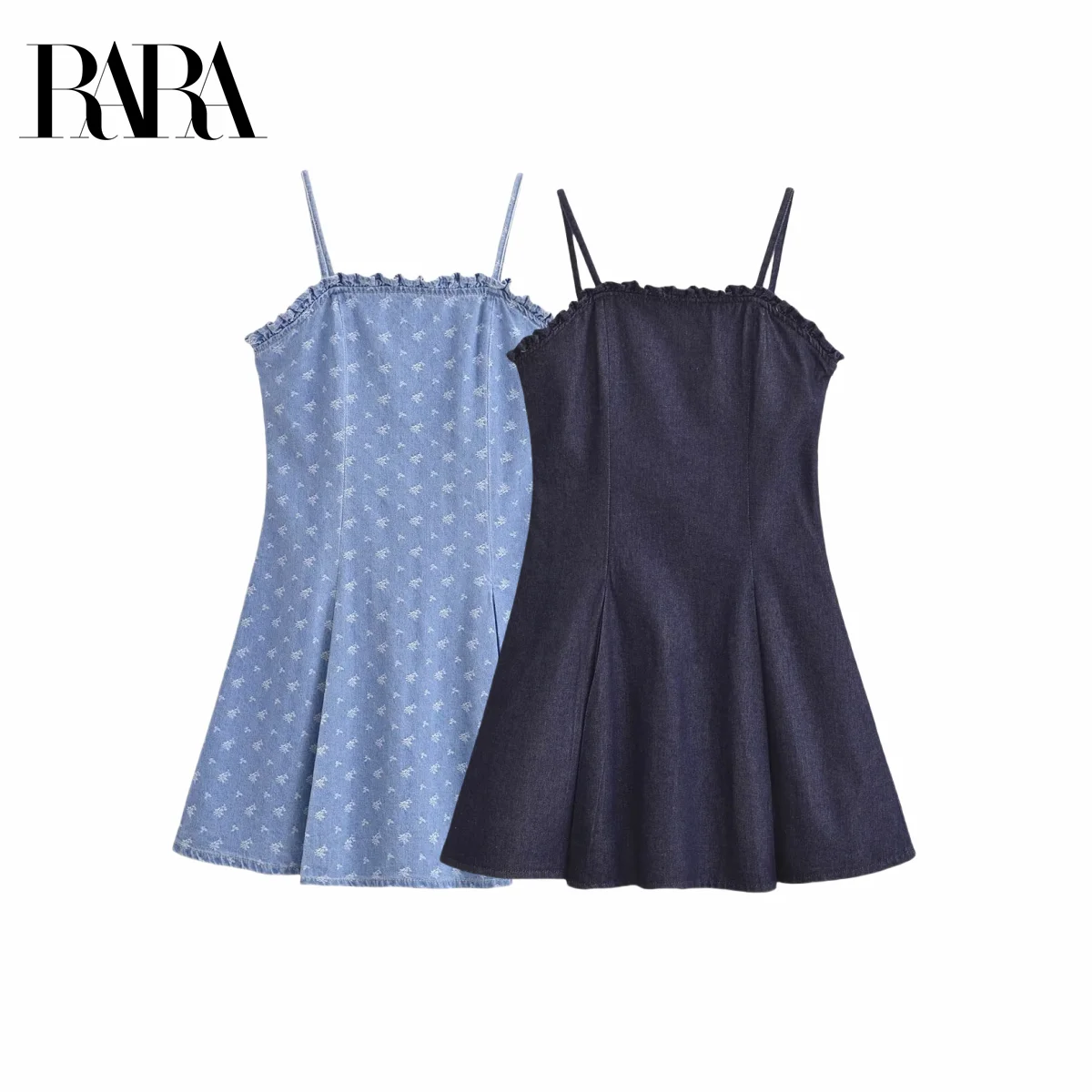 

2025RARA Summer New Women's Casual Simple Versatile Contrast Retro Contrast Pattern Suspenders Denim Mini Dress