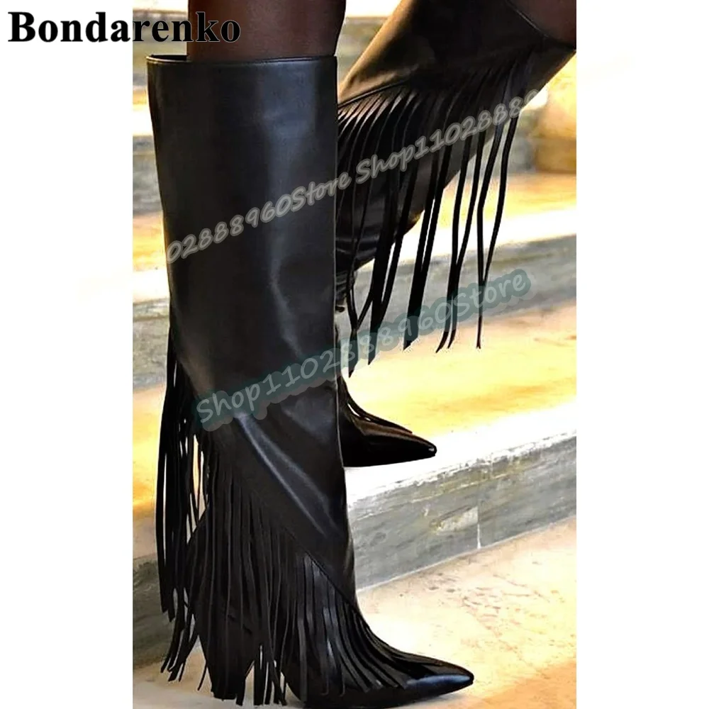 

Knee High Black Matte Leather Tassels Pointy Boots Conical Heel Shoes For Women Slip On Pointed Toe Plus Size Casual Women Boots