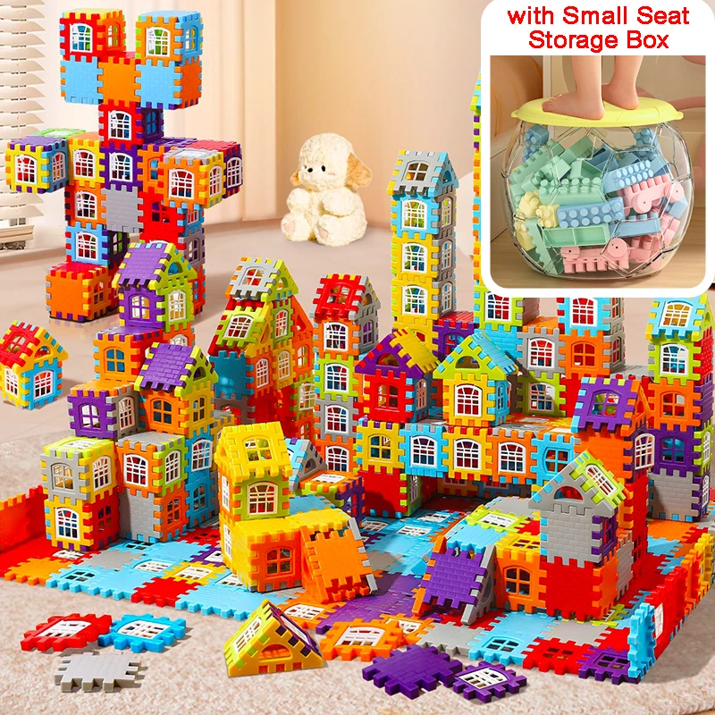 Kids House Building Block with Big Storage Box Stool Simulation Window Design Colored Puzzle Toys for Children Christmas Gift