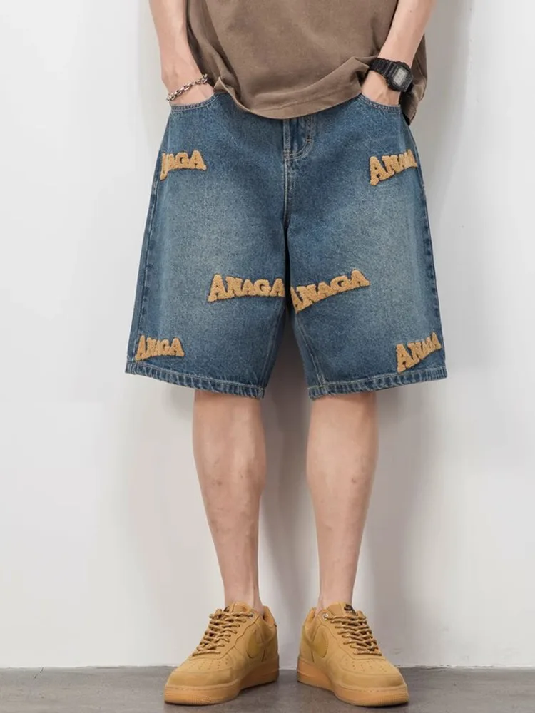 

Летние тонкие джинсовые шорты для мужчин с вышивкой, повседневные, свободного кроя, прямые, в американском стиле хип-хоп, для отдыха