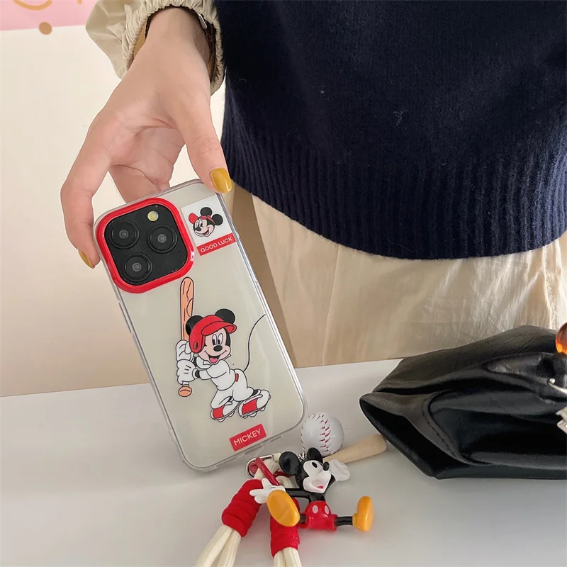 Funda de teléfono anticaída con cordón de Mickey de béisbol de dibujos animados de Disney para iPhone 13 14 12 15 Pro Max Y2K llavero de béisbol de Mickey