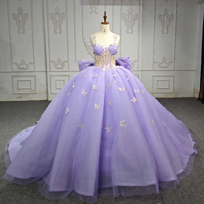 

Lavender Sweetheart Quinceanera Dress Party Gown Off The Shoulder Beads Crystal Bow Tull Sweet Princess16 Year Vestido De 15Anos